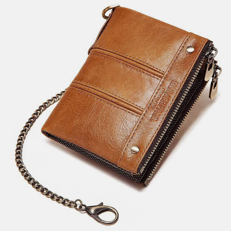 RFID Blocking Bifold Wallet Retro Cowhide Leather Wallet with Chain