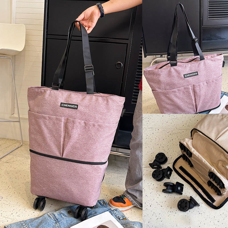 Supermarket Rolling Tote Detachable Foldable Wheels Shoulder Purse For Women