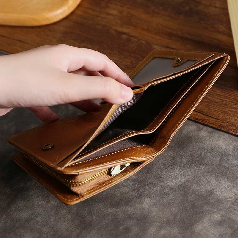 Men Bifold Wallet Real Leather RFID Blocking Short Wallet Coin Purse