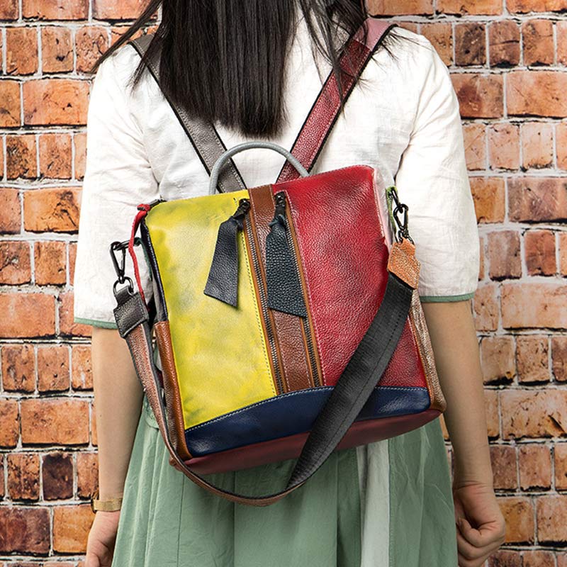 Women Backpack Purse Convertible Shoulder Bag Genuine Leather Colorblock Casual Daypack