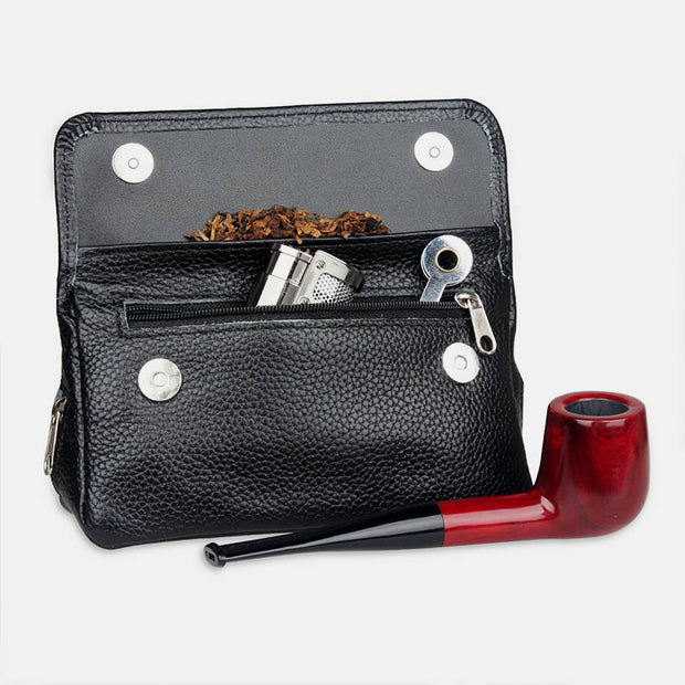 Leather Tobacco Pouch Pipe Carrying Case with 2 Pipe Holder Pocket