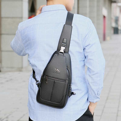 Multiple Pockets Leather Sling Chest Bag for Men with USB Charging Port