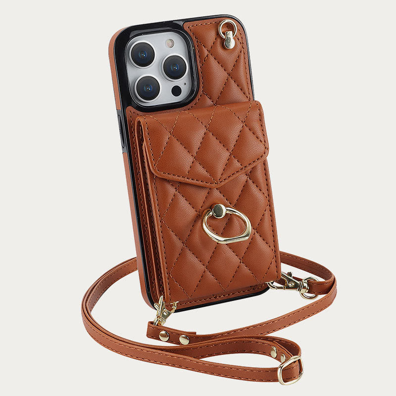 Phone Wallet Case For iPhone 13/14/15 Functional Quilted Crossbody Phone Case