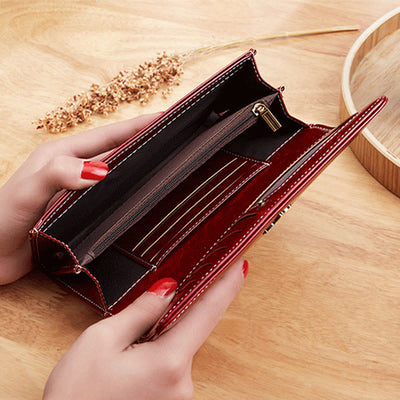 Elegant Retro Long Purse Wax Leather Card Holder For Women