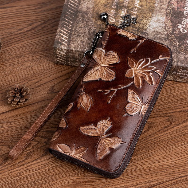 Retro Butterfly Handbag Women Elegant Long Large Space Leather Wallet