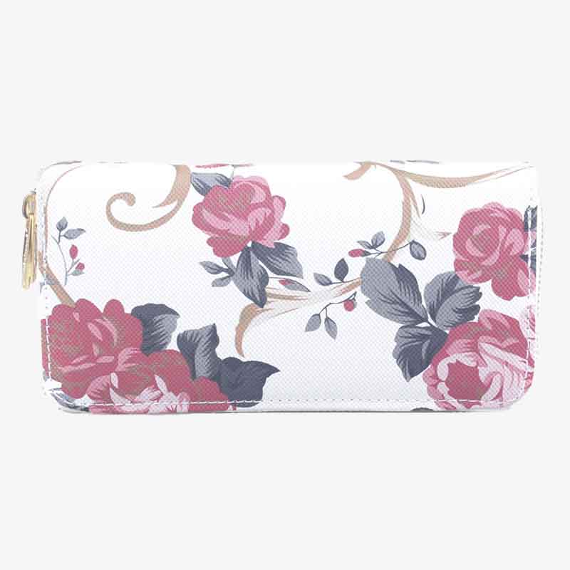 Long Floral Rose Clutch For Women Elegant Double Zipper Wallet