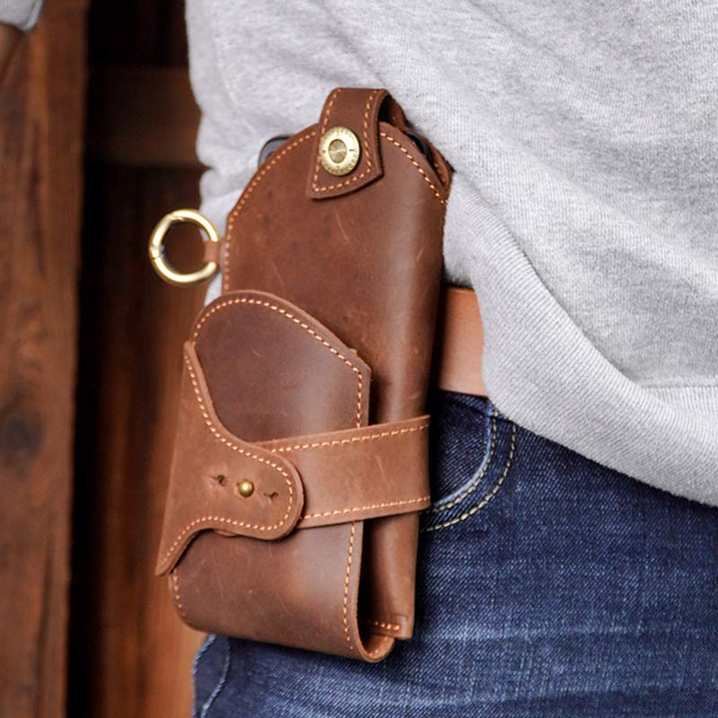 Genuine Leather Men Cell Phone Holster Pouch Phone Bag Belt Holder