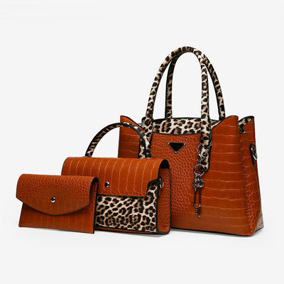 Crocodile Leopard Grain Leather Tote For Women 3 Piece Bag Set