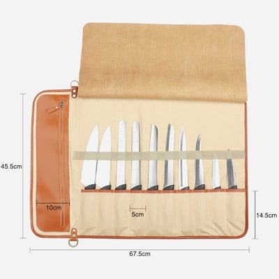 Genuine Leather Chef Knife Roll Bag Stores 10 Knives with Shoulder Strap