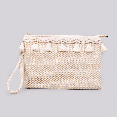 Tassel Beach Clutch for Women Raffia Woven Envelop Bag with Shoulder Strap