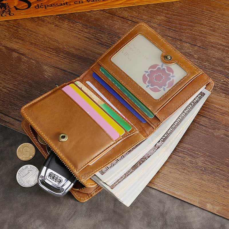 Men Bifold Wallet Real Leather RFID Blocking Short Wallet Coin Purse