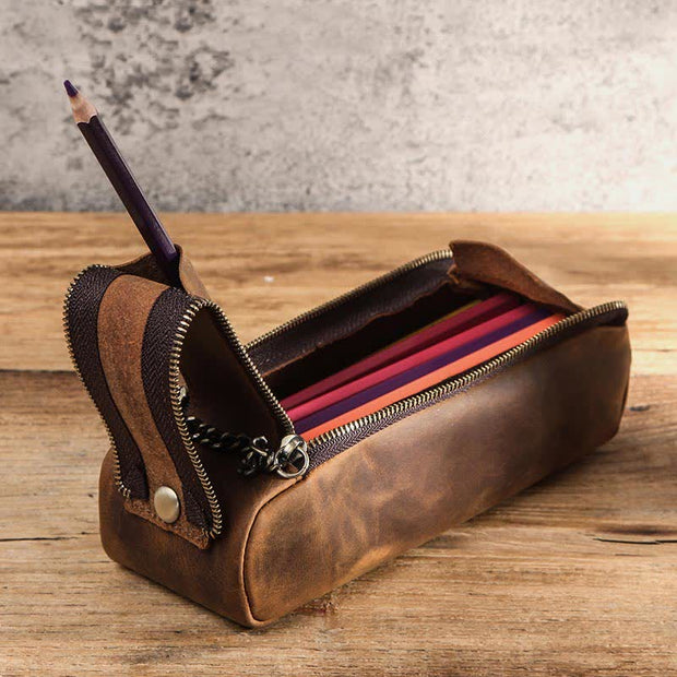 Retro Genuine Leather Multipurpose Zipper Makeup Pouch Bag Pencil Case