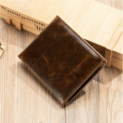 Men's Genuine Leather RFID Blocking Bifold Filp Wallet with ID Window