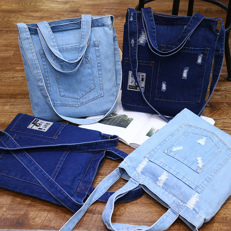 Denim Tote For Outing Retro Canvas Ripped Crossbody Bag