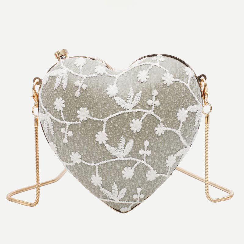 Floral Embroidered Handbag Heart Shaped Evening Bag Clutch with Gold Chain