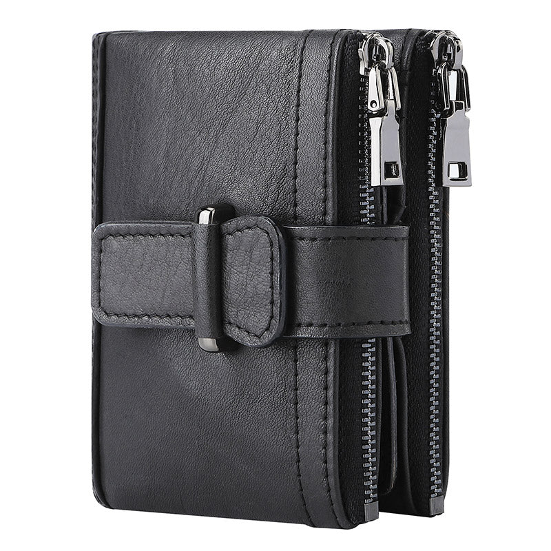 Multi-Slot Genuine Leather RFID Blocking Bifold Wallet with 2 Zip Coin Purse