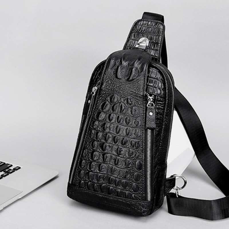 Crocodile Pattern Fashion Cowhide Leather Luxury Sling Bag for Men