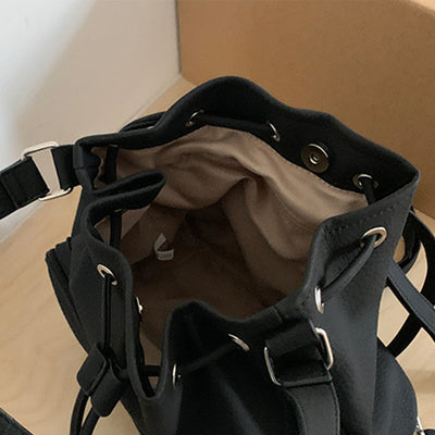 Drawstring Bucket Bag For Women Minimalist Leather Convertible Backpack