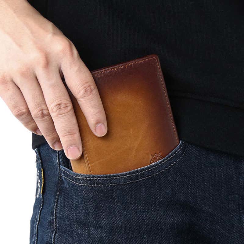 Men's Leather Bifold Wallet with 2 ID Windows Anti-theft RFID Blocking