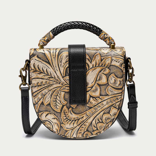 Clamshell Crossbody Bag Vintage Pattern Printing Chic Leather Handbag