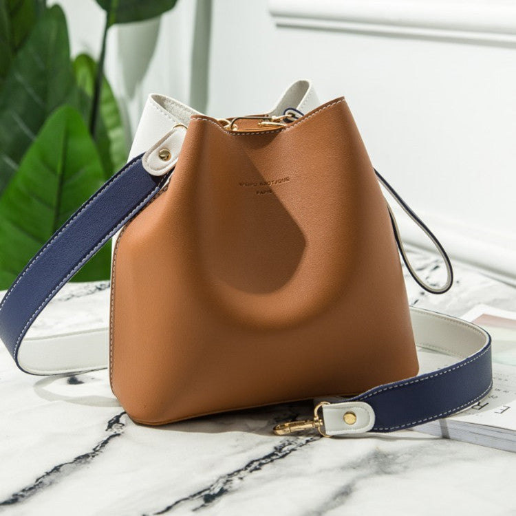 Color Contrast Leather Bucket Purse Adjustable Strap Crossbody Bag