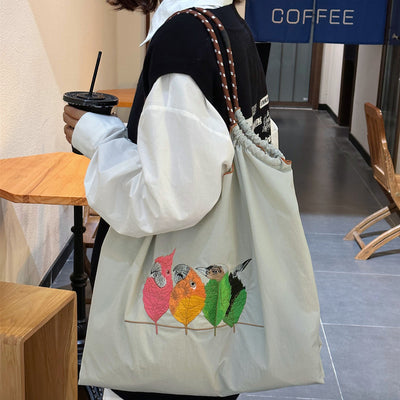 Cute Birds Embroideried Handbag Durable Drawstring Shoulder Bag For Women