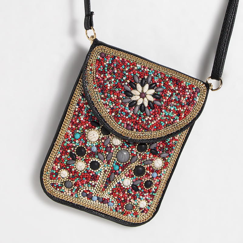 Bohemian Phone Bag Women Shell Flowers Pattern Magnetic Crossbody Bag