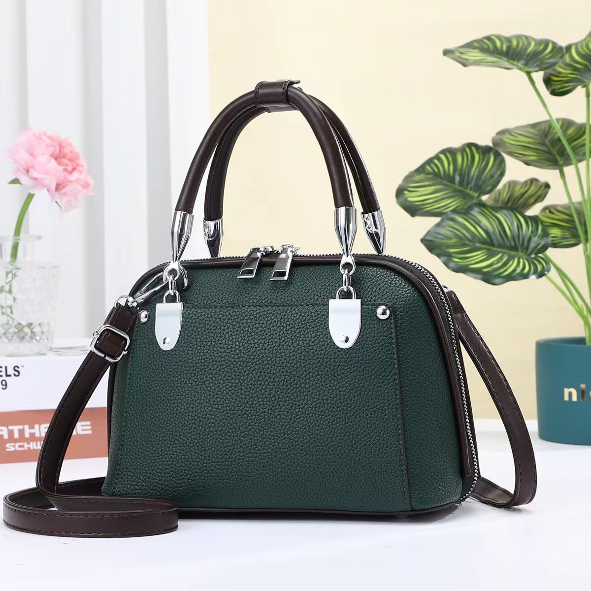 Vegan Leather Boston Bag Satchel Solid Color Crossbody Purse Handbag For Women