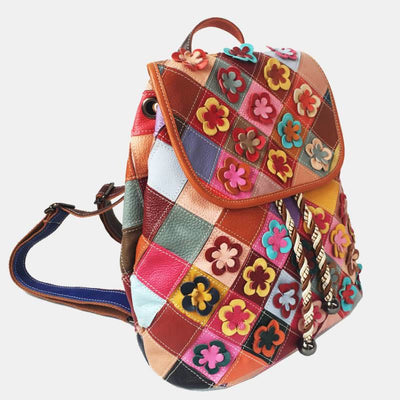 Genuine Leather Colorblock Floral Backpack Drawstring Purses