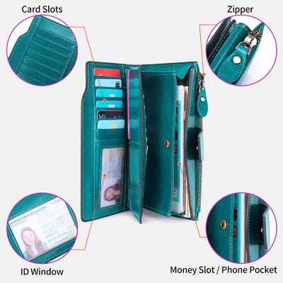 RFID Blocking Long Wallet Oil Wax Leather Phone Purse with Zipper Pocket