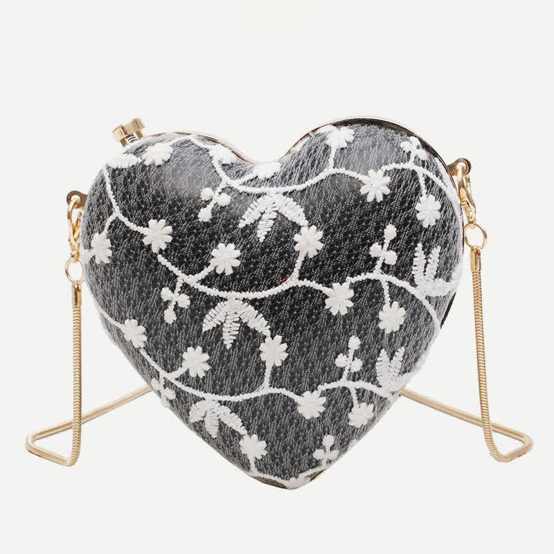 Floral Embroidered Handbag Heart Shaped Evening Bag Clutch with Gold Chain