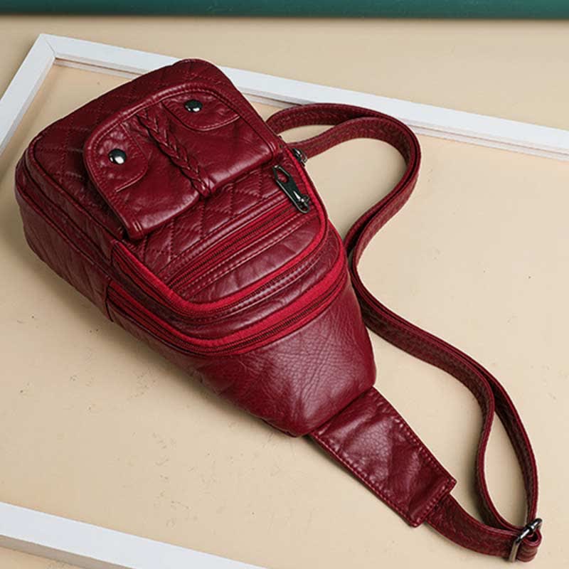 Retro Sling Backpack for Women Multi-Pocket PU Leather Crossbody Chest Bag