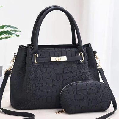 Elegant Bag Set Solid Color Crocodile Print Top Handle Purse