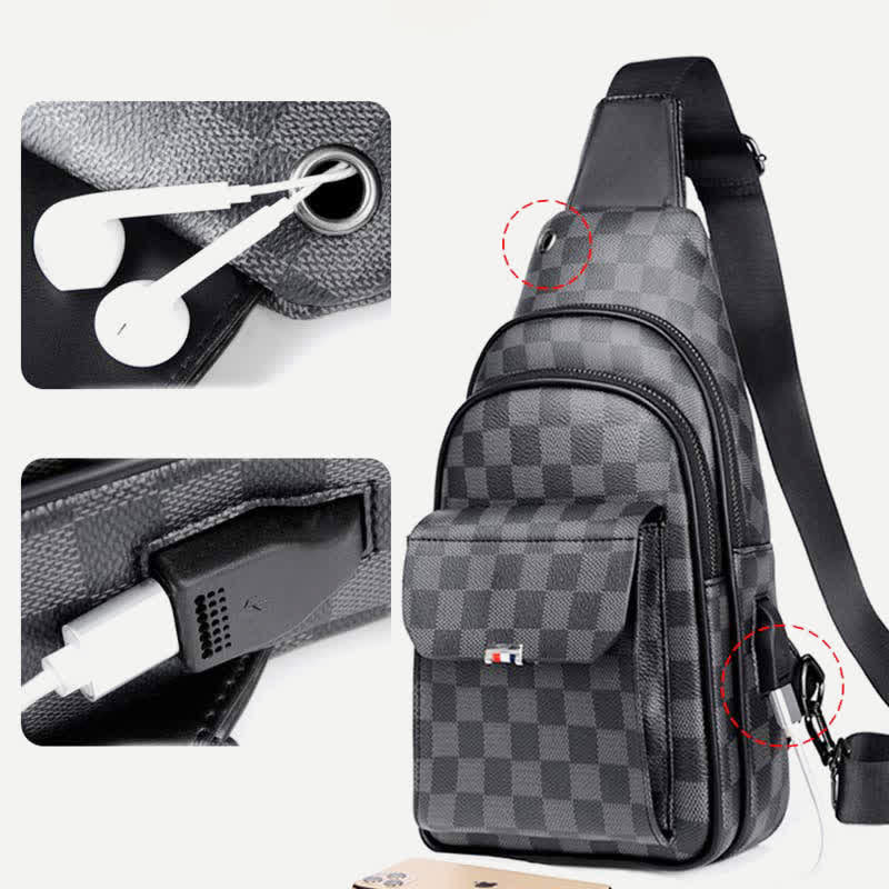 Leather Casual Daypack Sling Shoulder Chest Bag with USB Charging Port