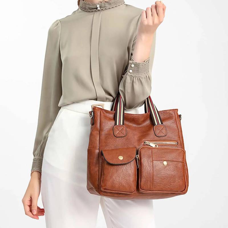 Multi-pocket Tote Bag for Women PU Leather Shoulder Bag Crossbody Handbag