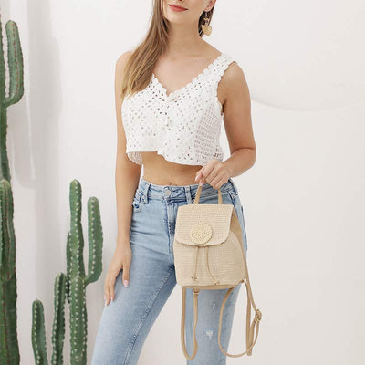 Women Straw Backpack Summer Beach Woven Drawstring Handbag Shoulder Bag