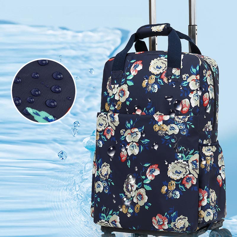 Floral Pull Rod Duffel Bag For Women Waterproof Shopping Cart