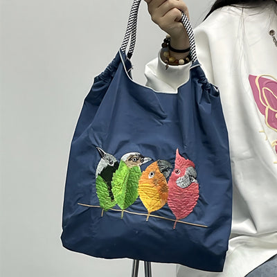 Cute Birds Embroideried Handbag Durable Drawstring Shoulder Bag For Women