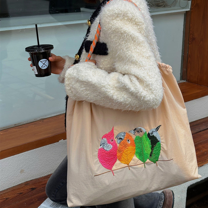 Cute Birds Embroideried Handbag Durable Drawstring Shoulder Bag For Women