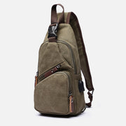 Canvas Sling Bag Crossbody Backpack Casual Rucksack with USB Charging Port