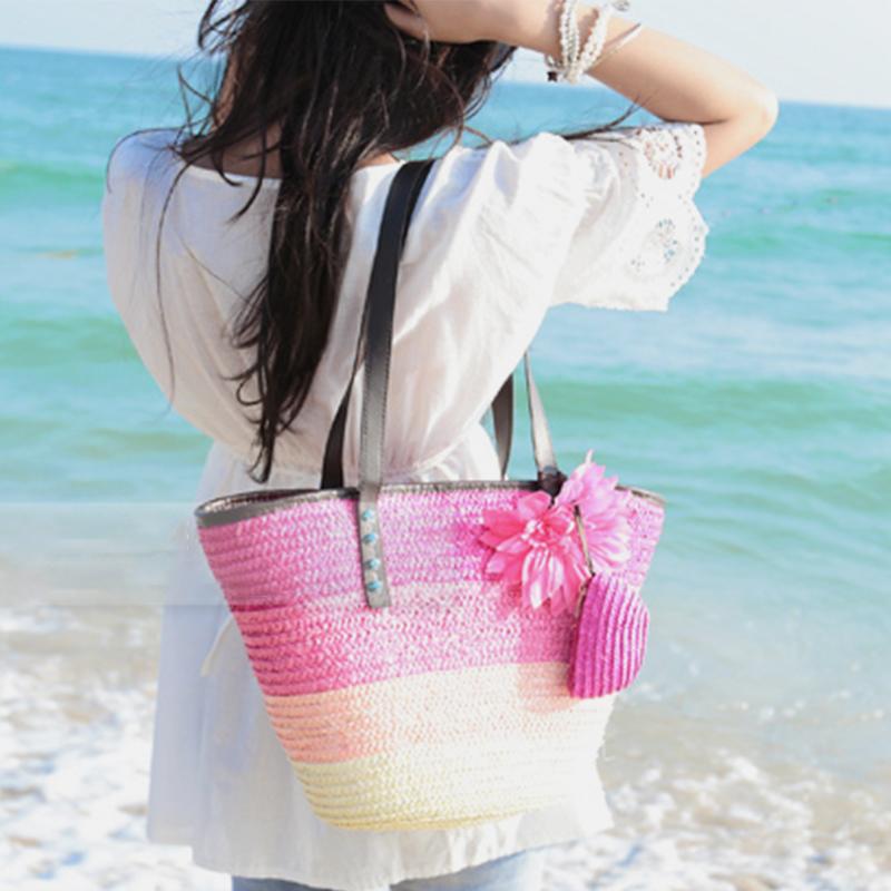 Summer Flower Straw Woven Beach Bag Travel Tote Bag