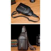 Men's Leather Sling Bag One Shoulder Backpack with USB Charging Port