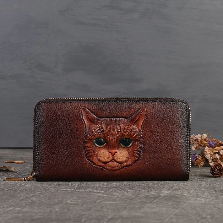 Real Leather Cat Wallet Embossed Multi Slot Clutch Purse