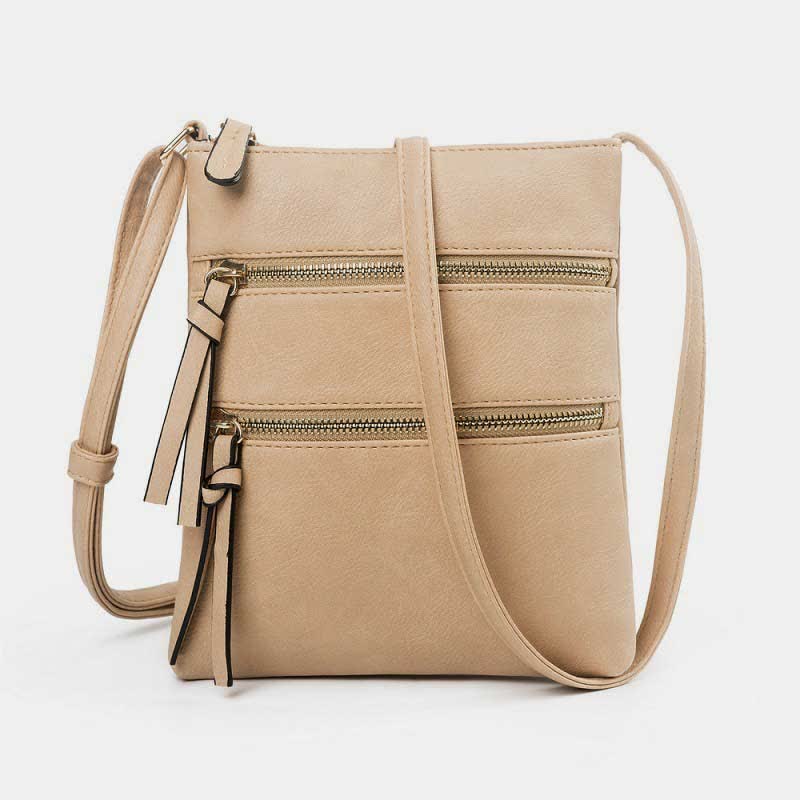 Multifunction Triple Zip Crossbody Bag Trendy Design Leather Shoulder Bag