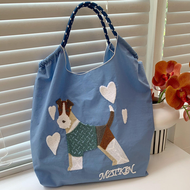 Cute Dog Embroideried Handbag Durable Drawstring Shoulder Bag For Women