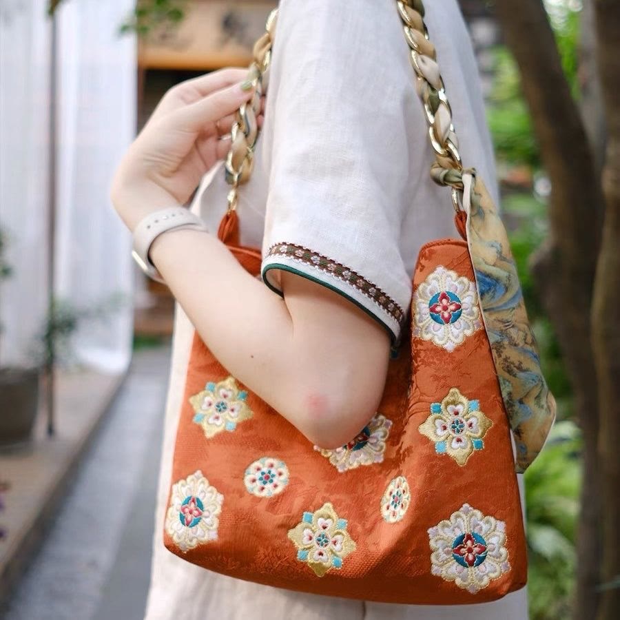 Embroidered Floral Handbag Women Bright Color Soft Underarm Bag