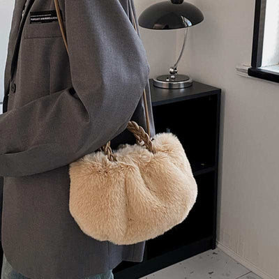 Women Faux Fur Winter Handbag Shoulder Bag Top Handle Satchel Purse