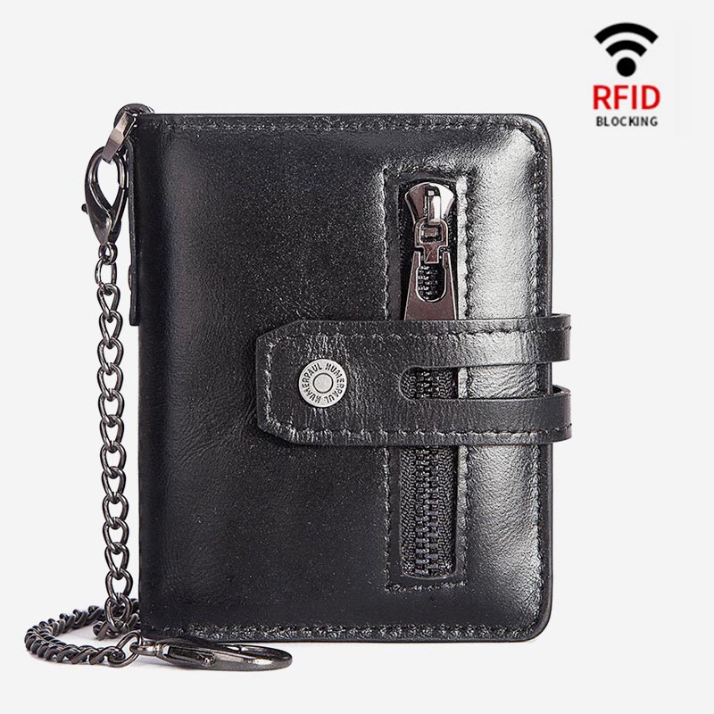 RFID Genuine Leather Business Short Wallet With Chain