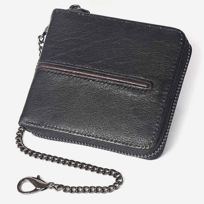 Genuine Leather Zip Around RFID Blocking Bifold Wallet with Chain