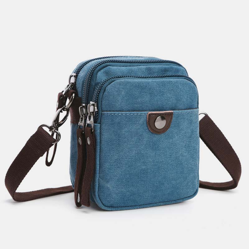 Multi-Pocket Men Canvas Crossbody Bag with Belt Loop Adjustable Shoulder Strap